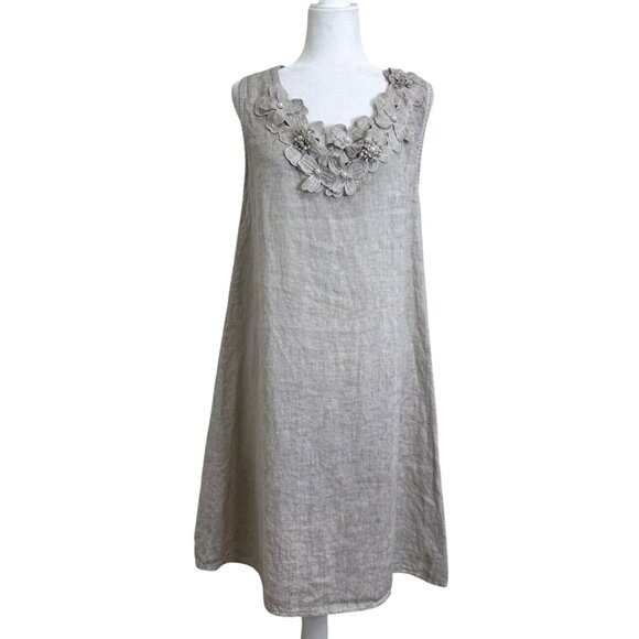 Rosemarine Dresses & Skirts - Rosemarine Sleeveless Linen Dress Beige Embellished Italy Lagenlook Women Size L